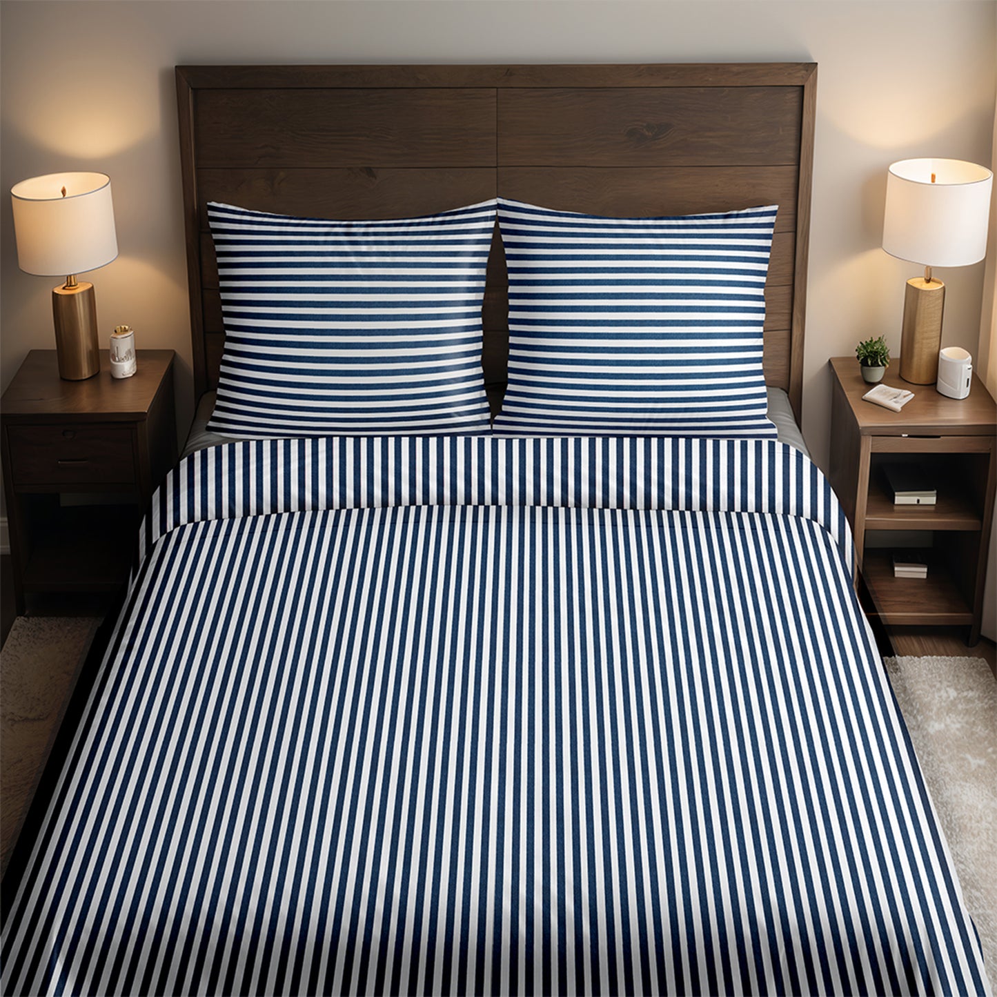 300TC Cotton Navy Blue and White broad stripes