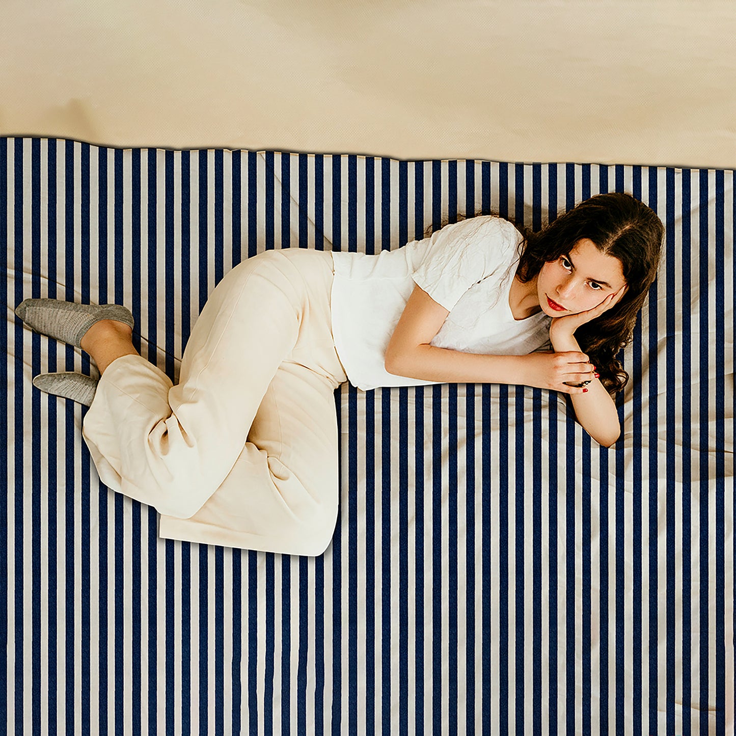 300TC Cotton Navy Blue and White broad stripes