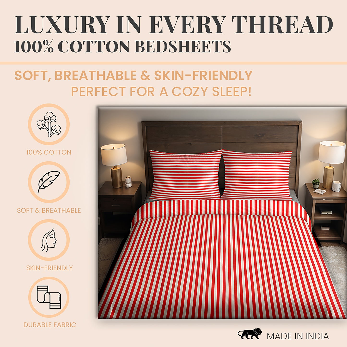 300TC Cotton Red and white broad stripes