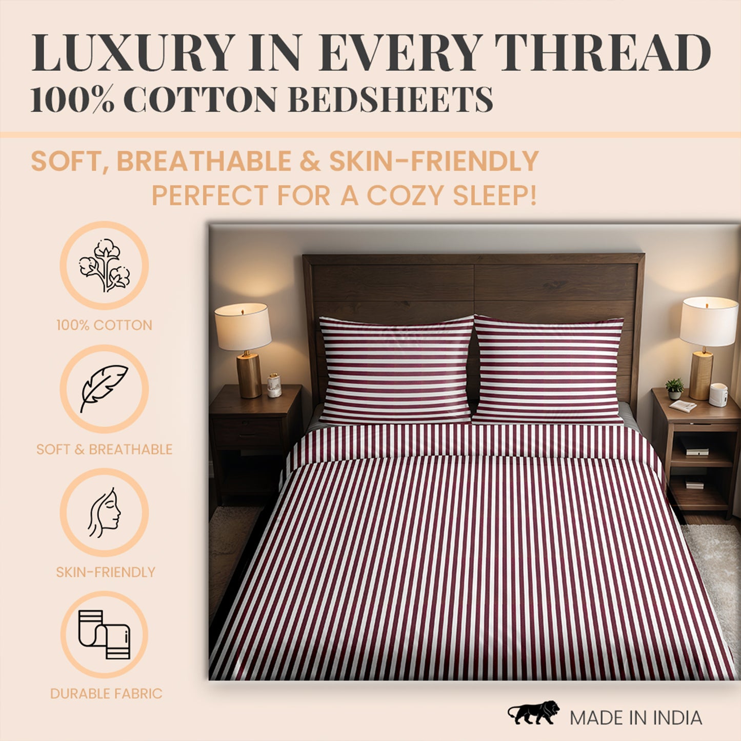 300TC Cotton Coffee and White broad stripes